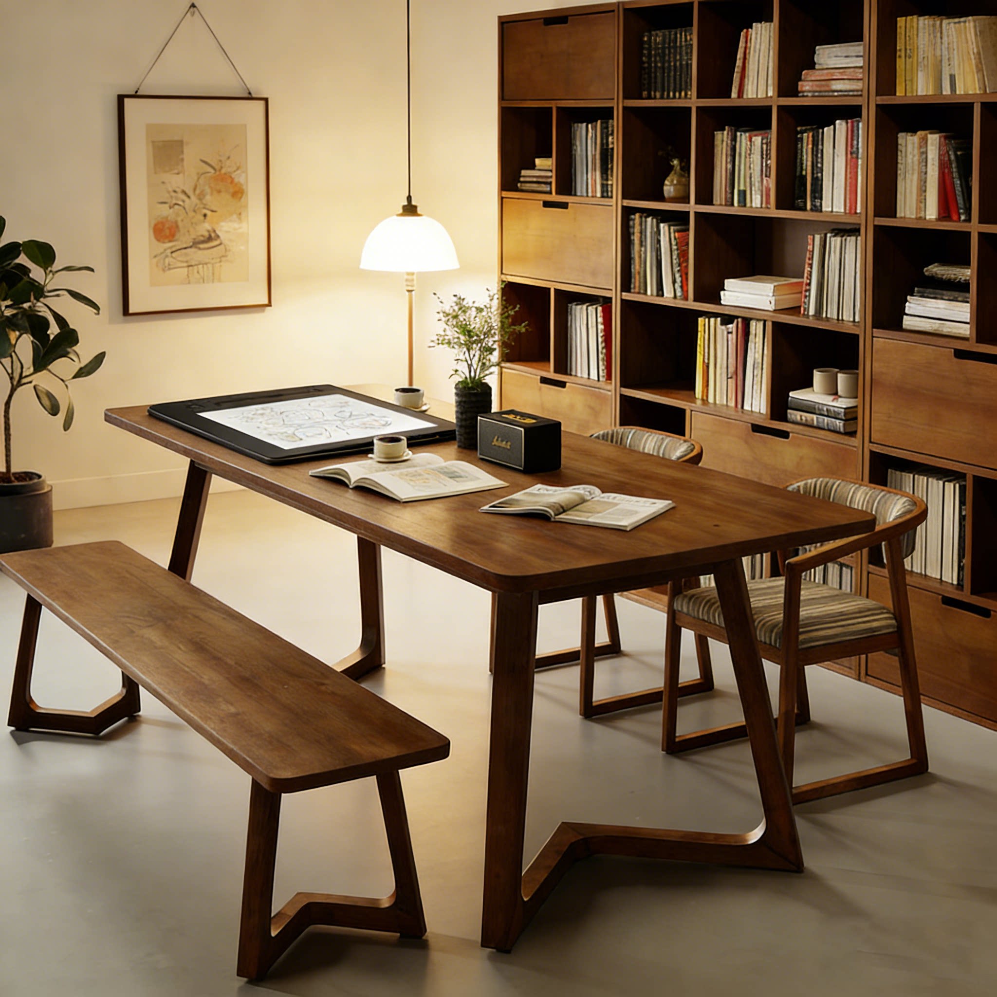 现代简约实木大板书桌长凳一体家用书房办公学习电脑桌椅套装组合
