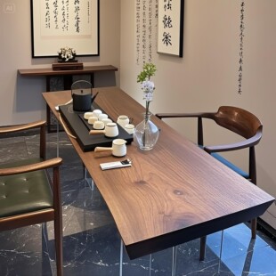 现代简约实木茶桌胡桃木色阳台长方形设计师款家用茶台泡茶桌