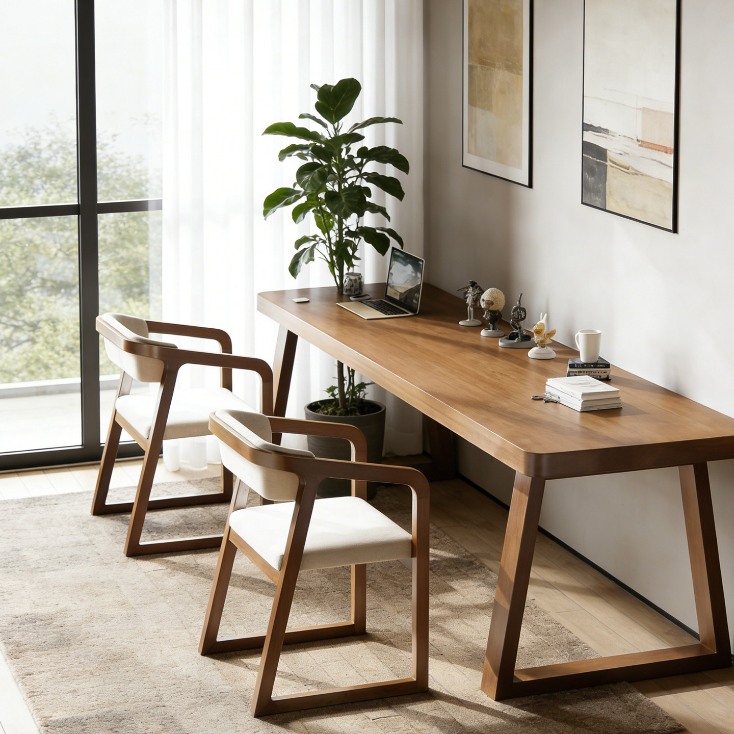 北欧实木书桌家用客厅阳台长方形大板桌办公学习电脑桌桌椅组合