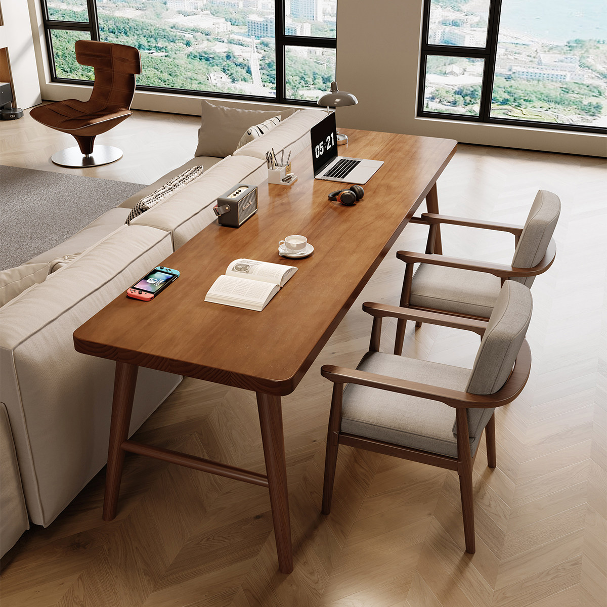 北欧双人书桌全实木电脑桌学生家用写字台简约一字桌长条桌工作台