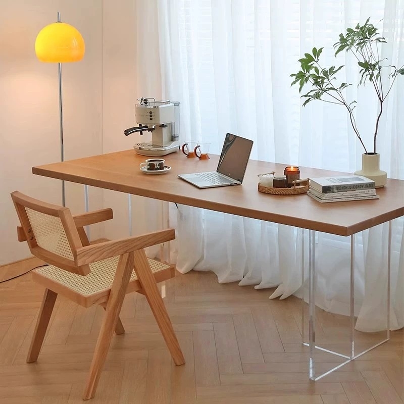 悬浮实木餐桌椅组合家用小户型吃饭桌高级原木风长方形亚克力书桌