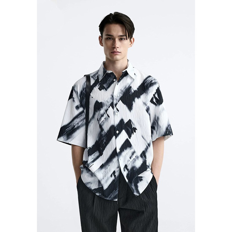 2025新品 春季新品 男装 宽松印花皱痕条纹休闲短袖衬衫 7380704