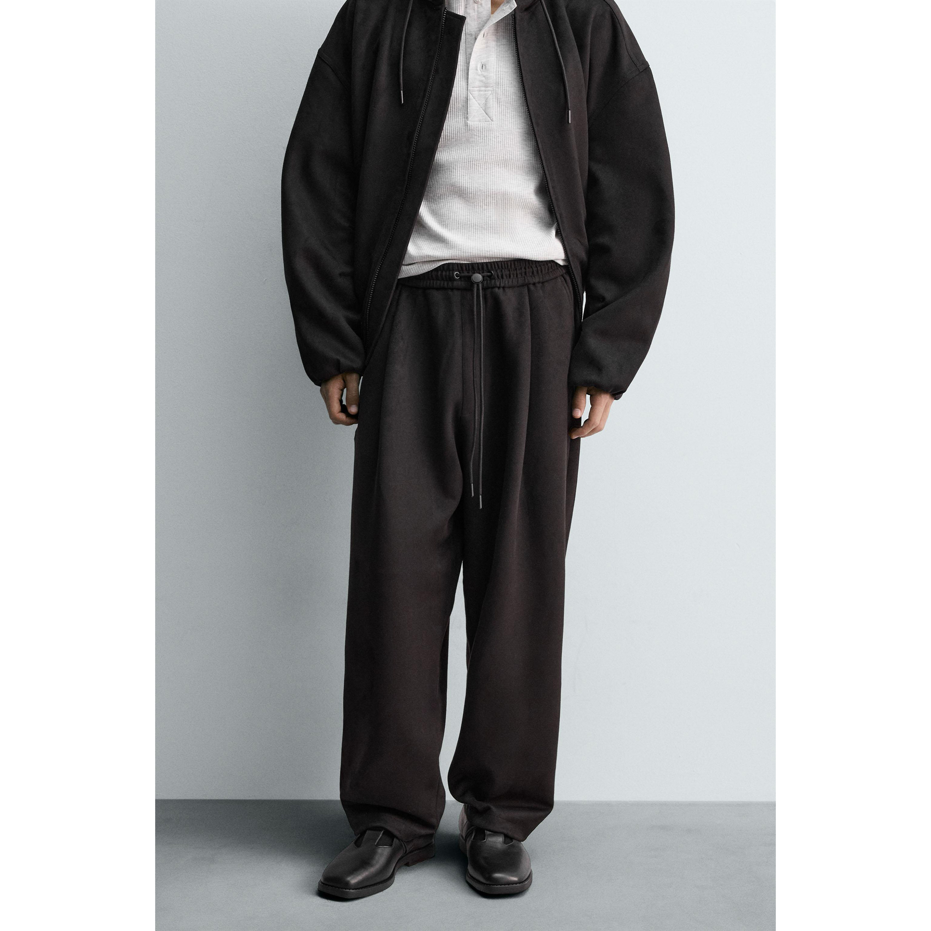 ZA 2025 秋季新品 男装 反绒皮效果宽松阔腿系带褶裤 3046385 802