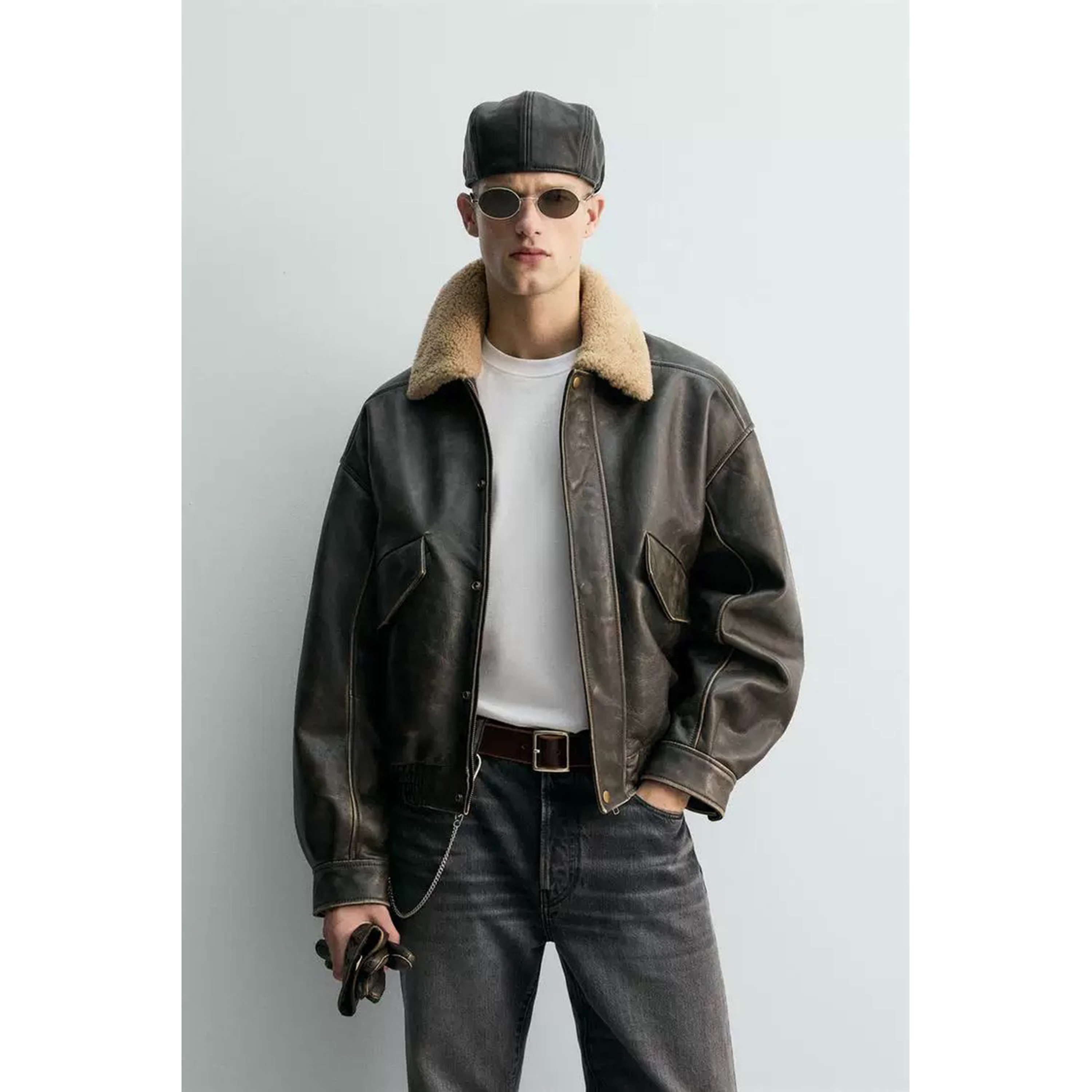 柜799！ZA冬季新品男装 复古撞色领口短款仿皮夹克外套 5479304