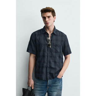 格子修身 男装 直筒翻领短袖 衬衫 073 柜329 1063471 ZA26春夏新品