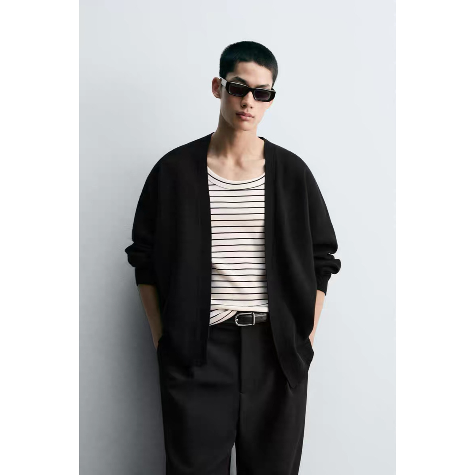 柜329！ZA25秋季新品男装 黑色罗纹宽松长袖开襟开衫 9598371 800