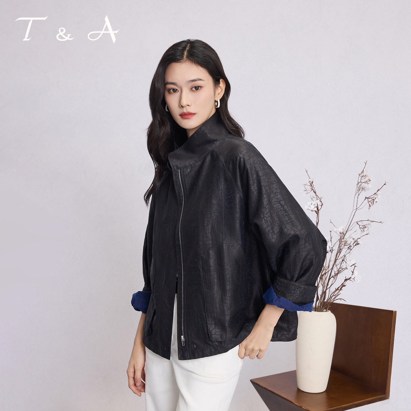 T&A真丝香云纱异色龟裂纹立领外套宽松休闲通勤商务夹克短款春夏