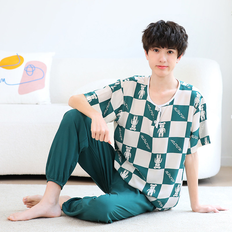大童棉绸睡衣夏季青少年男童短袖薄款绵绸儿童男孩空调家居服套装