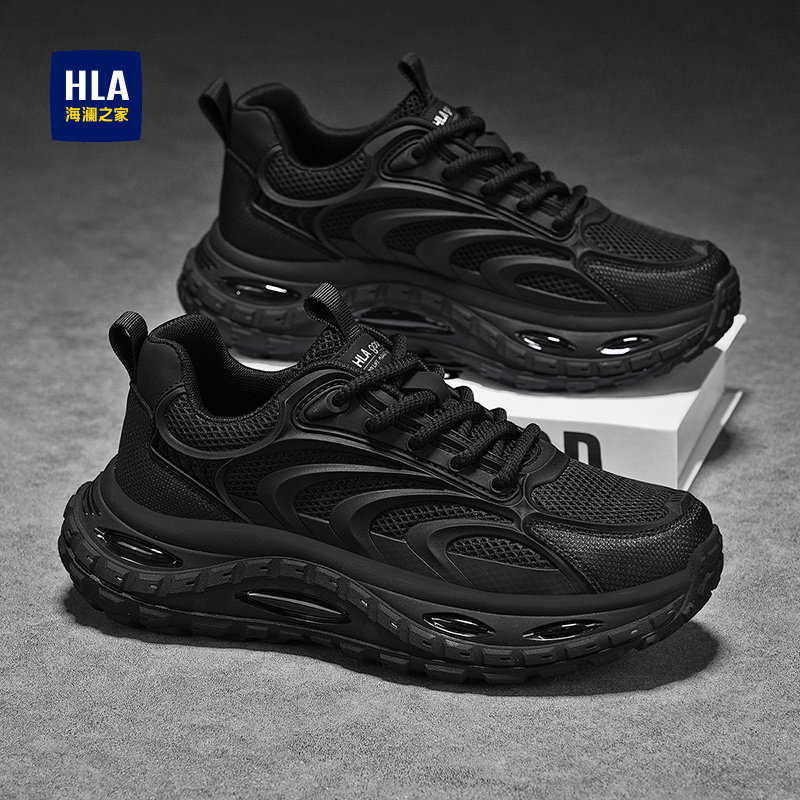 海澜之家男鞋春季透气网面黑色老爹鞋运动跑步减震气垫爆米花潮鞋