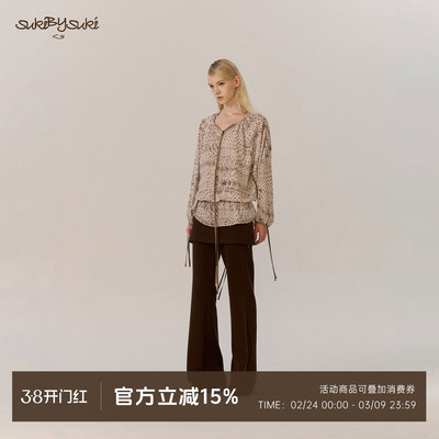 烟棕色波点雪纺露背抽绳V领衬衫