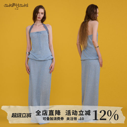 挂脖蕾丝系抹胸吊带连衣裙