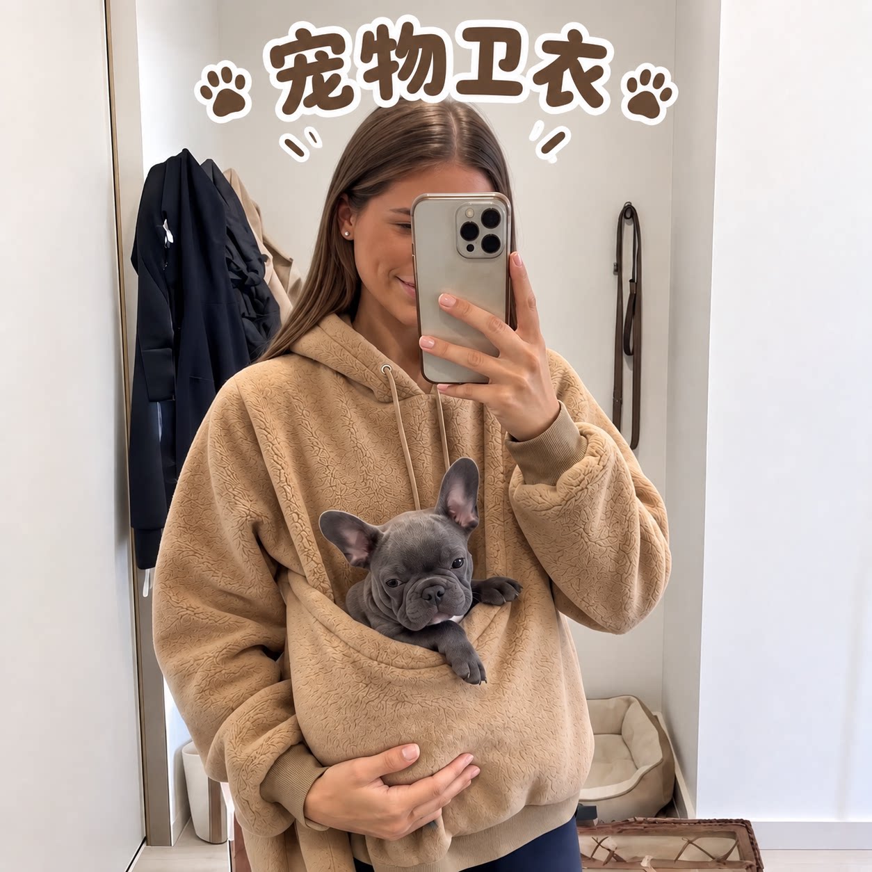 装宠物卫衣带猫咪狗狗出门神器袋鼠大口袋连帽宽松套头兜纯色上衣
