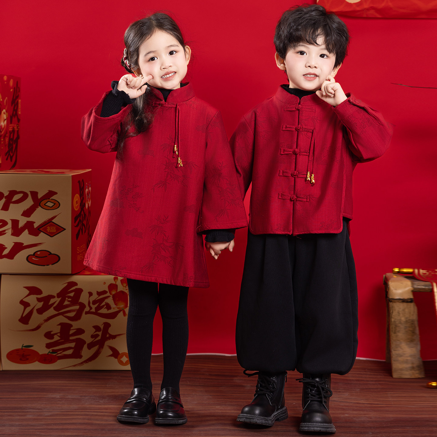男童拜年服红色儿童新中式帅气喜庆过新年衣服战袍冬季国潮风套装