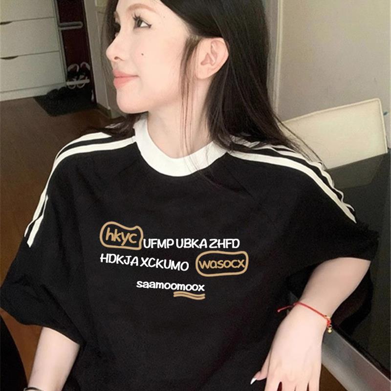300斤纯棉设计感港味chic字母插肩短袖t恤女宽松小众美式半袖上衣