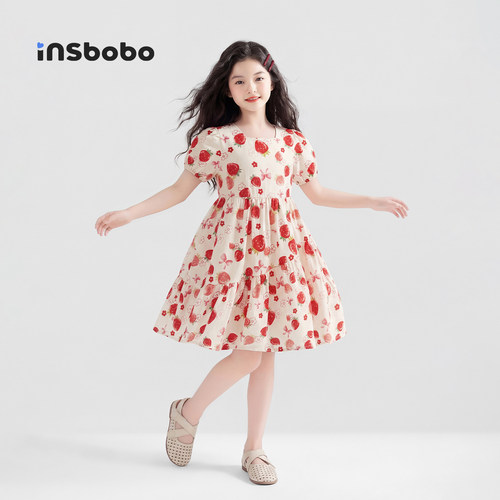INSbobo儿童裙子印花方领连衣裙