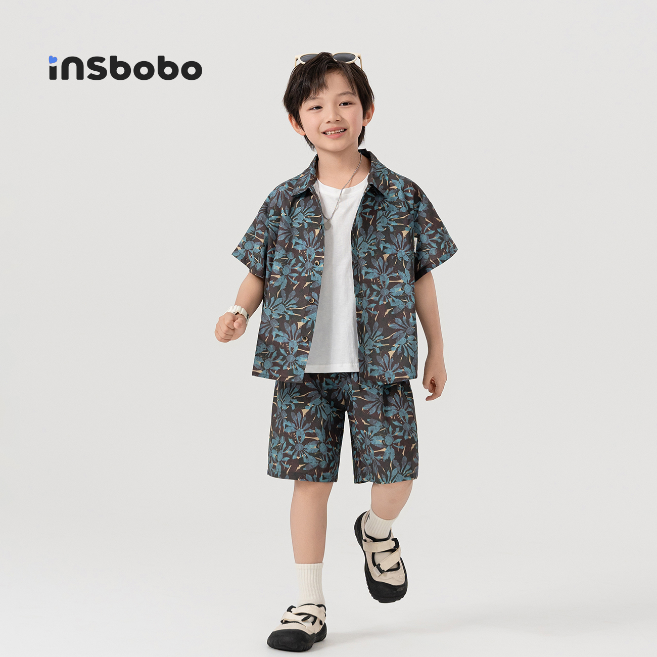 INSbobo童装男童夏套装2025新款洋气休闲儿童衬衫帅气短裤两件套