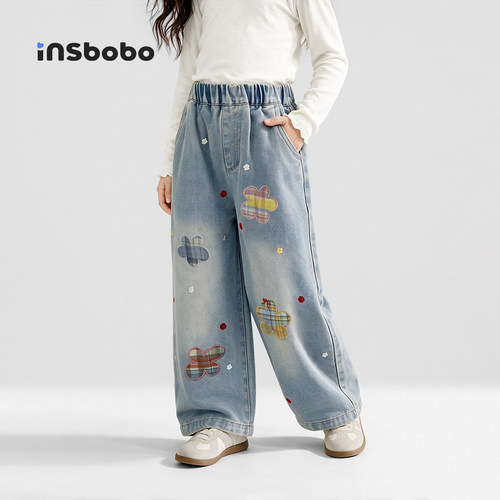 INSbobo儿童裤子绣花牛仔裤