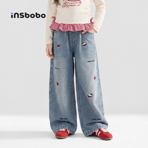 INSbobo儿童裤子刺绣软牛仔裤
