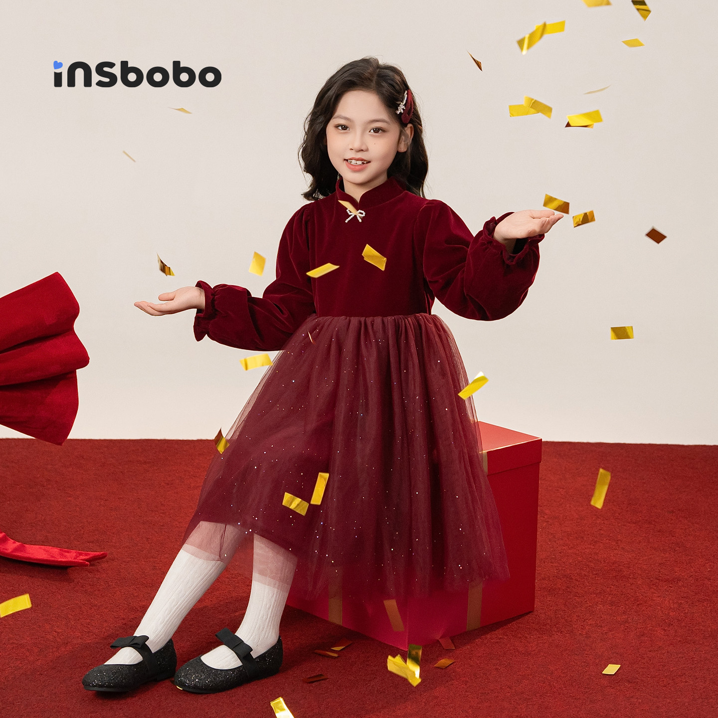 INSbobo儿童唐装网纱连衣裙