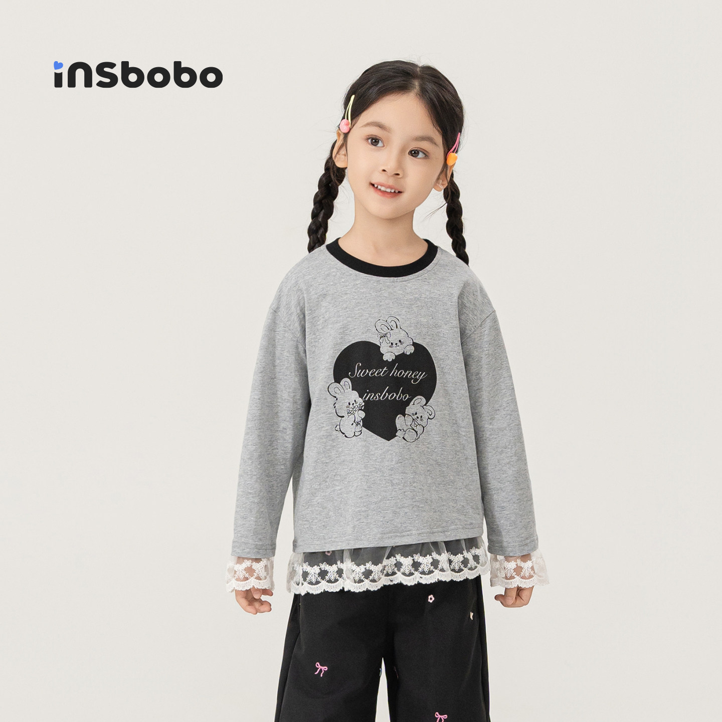 INSbobo女童t恤长袖春秋装儿童打底衫洋气女孩内搭蕾丝边上衣童装