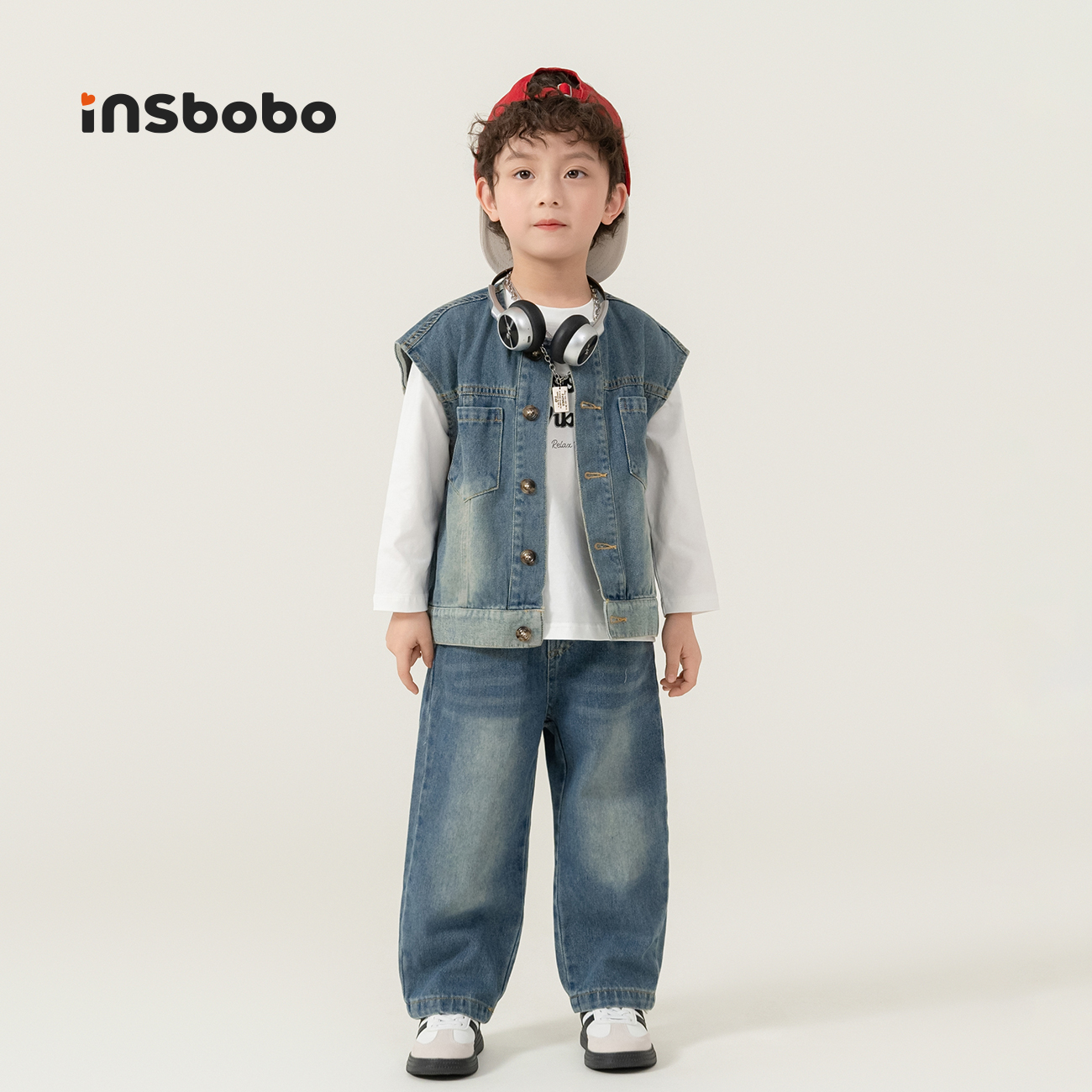 INSbobo童装2025春秋新款儿童套装全棉休闲男女中大童牛仔三件套