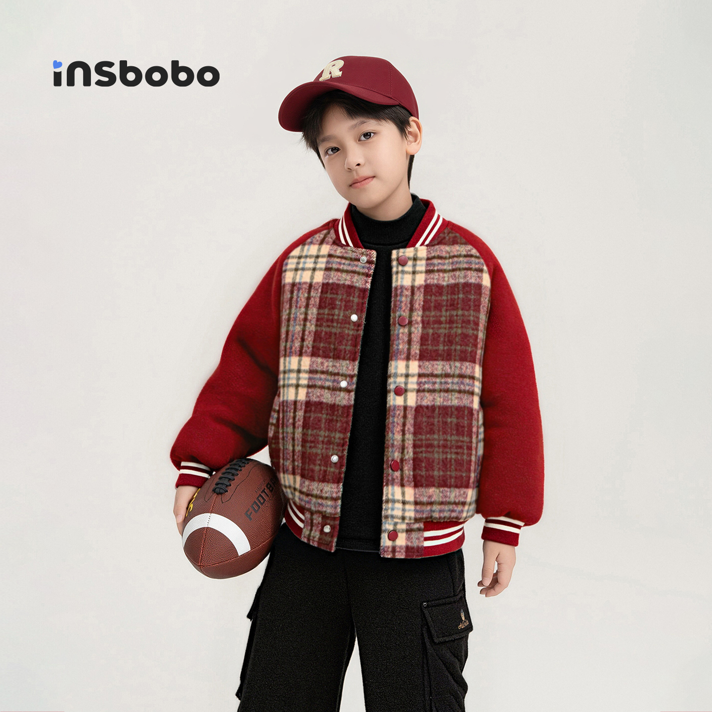 INSbobo儿童外套拼接格子棒球服