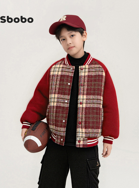 男童红色外套儿童夹棉棒球服冬装拜年服大童棉服上衣童装过年衣服