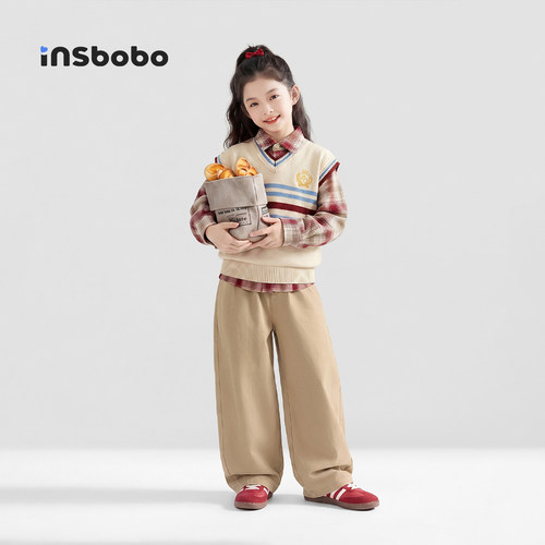 INSbobo儿童裤子简约刺绣宽松裤
