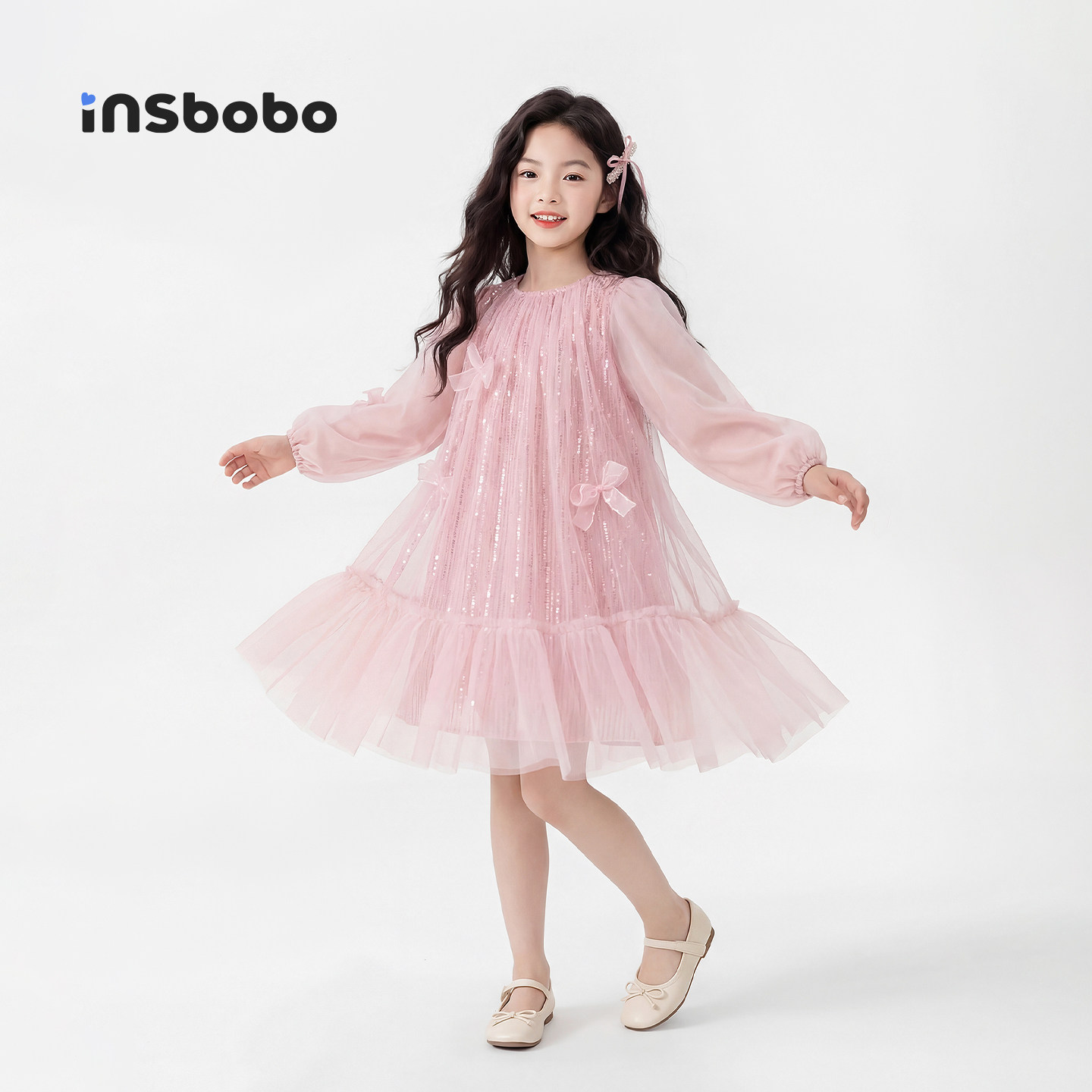 INSbobo童装女童连衣裙儿童公主裙2026春装女孩亮片纱裙好看裙子