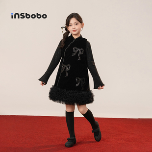 女童连衣裙冬裙国风新中式礼服儿童拜年服女孩公主裙过年冬装衣服