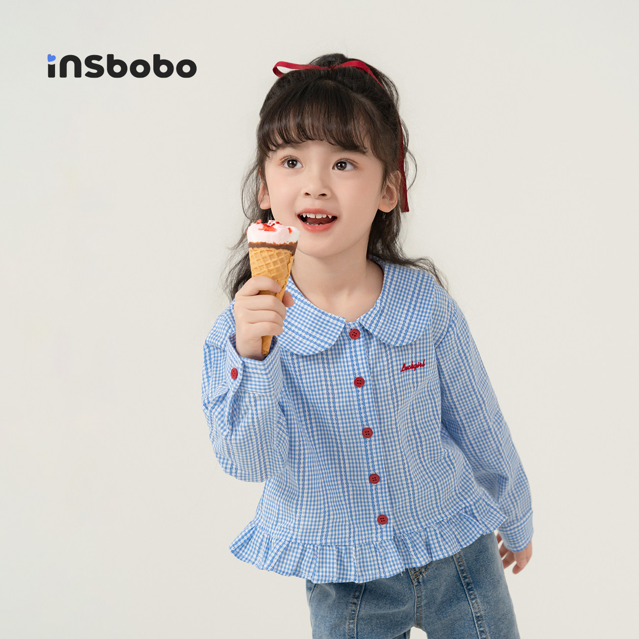 INSbobo儿童T恤格子花边T恤图片