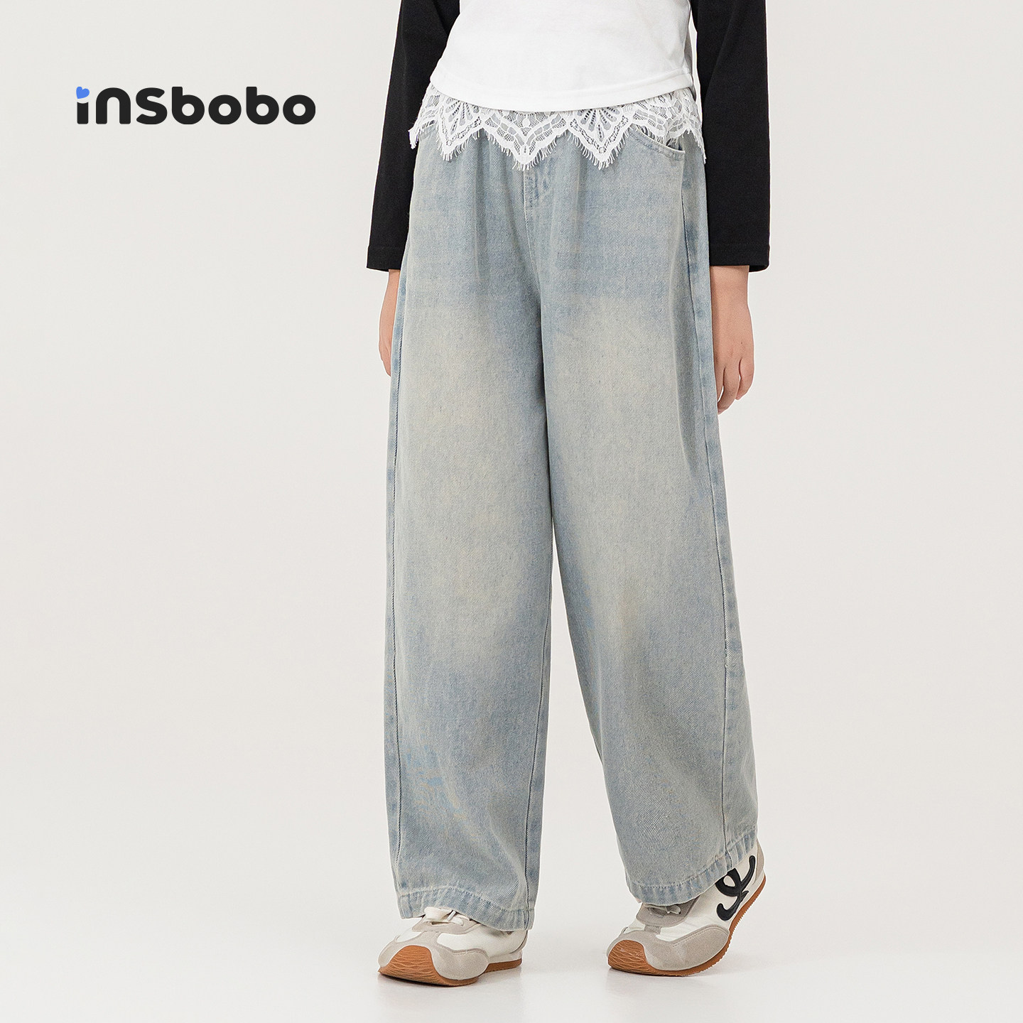 INSbobo女童裤子春秋款直筒裤儿童牛仔裤女孩花边长裤休闲裤童装