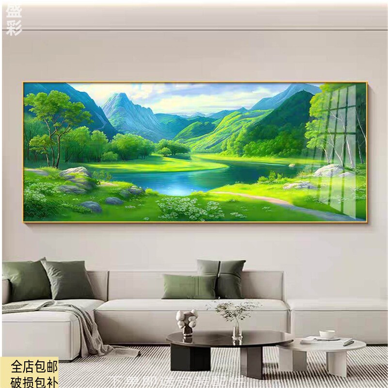 流水生财横版装饰画青山绿水客厅沙发背景墙挂画水晶瓷壁画风景画