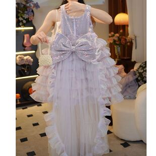 【BK】夏季儿童蝴蝶结大拖尾亮片公主裙无袖网纱蓬蓬连衣裙HCB359