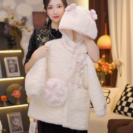 【送包包】冬季新款儿童时尚甜美kt猫连帽外套女宝宝毛毛衣HCE173