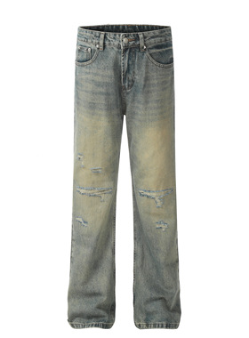 DECEYE澳洲简约复古蓝色破洞牛仔裤男款直筒微喇休闲cleanfit裤子