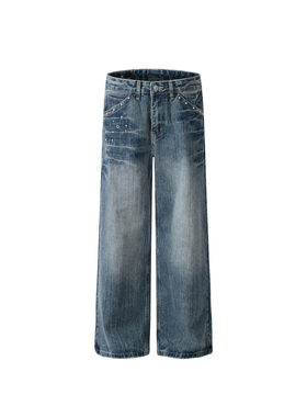 DECEYE 澳洲弯刀铆钉做旧水洗闪电微喇A字裤男女低腰宽松牛仔裤