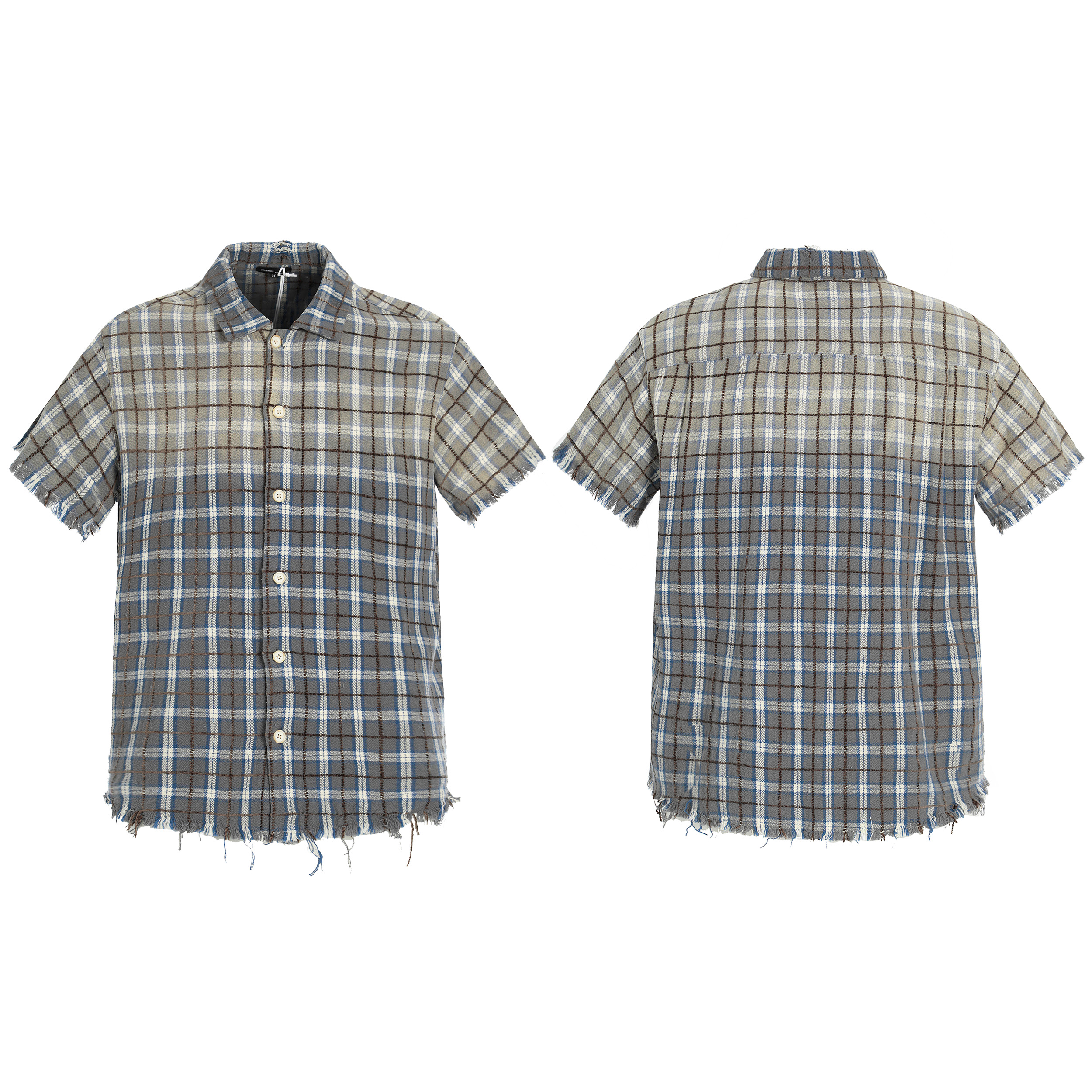 DECEYE澳洲定制格纹麻棉水洗褪色Vintage衬衫短袖宽松破坏做旧