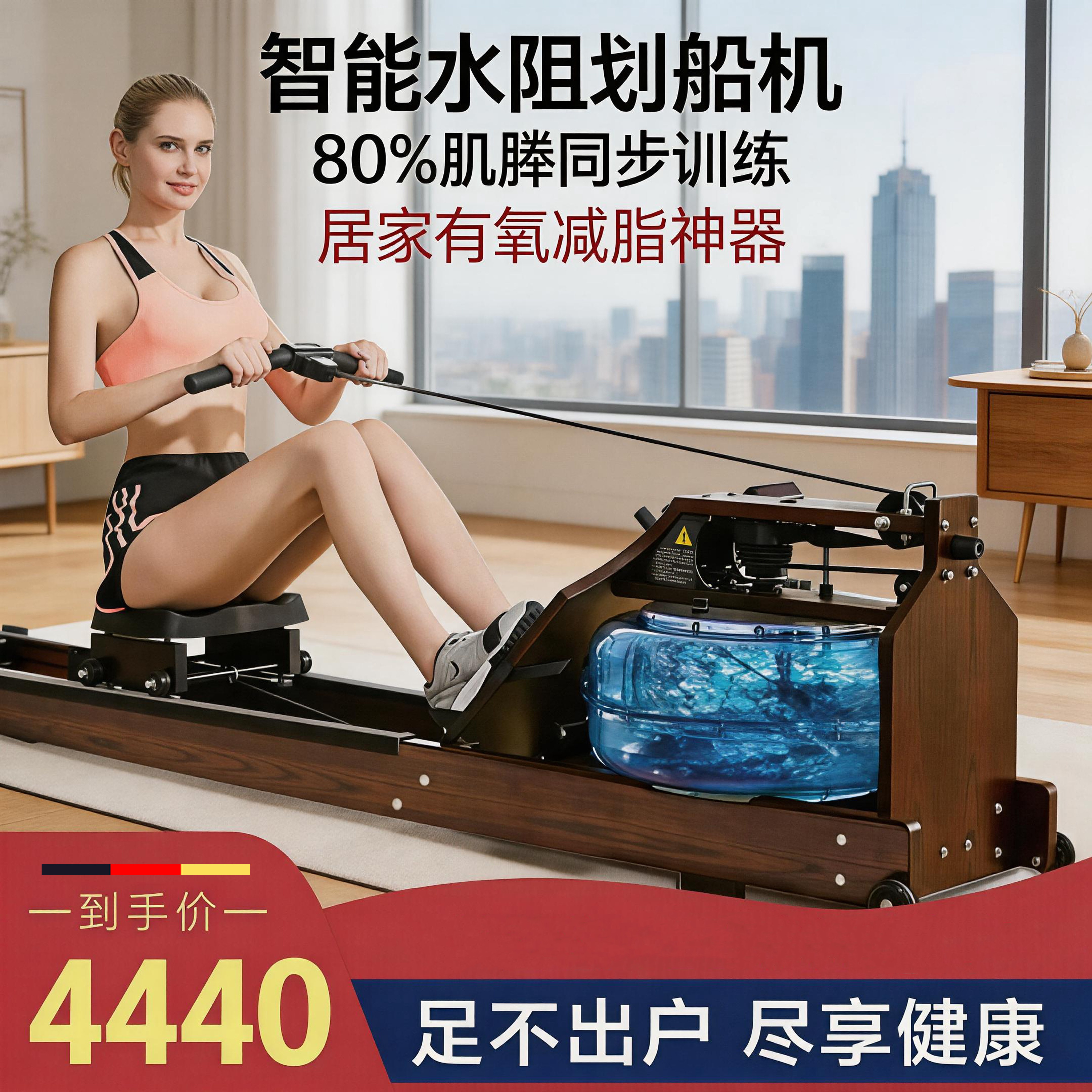智能水阻划船机商用水阻划船机家用健身房实木质划船器艇折叠器材