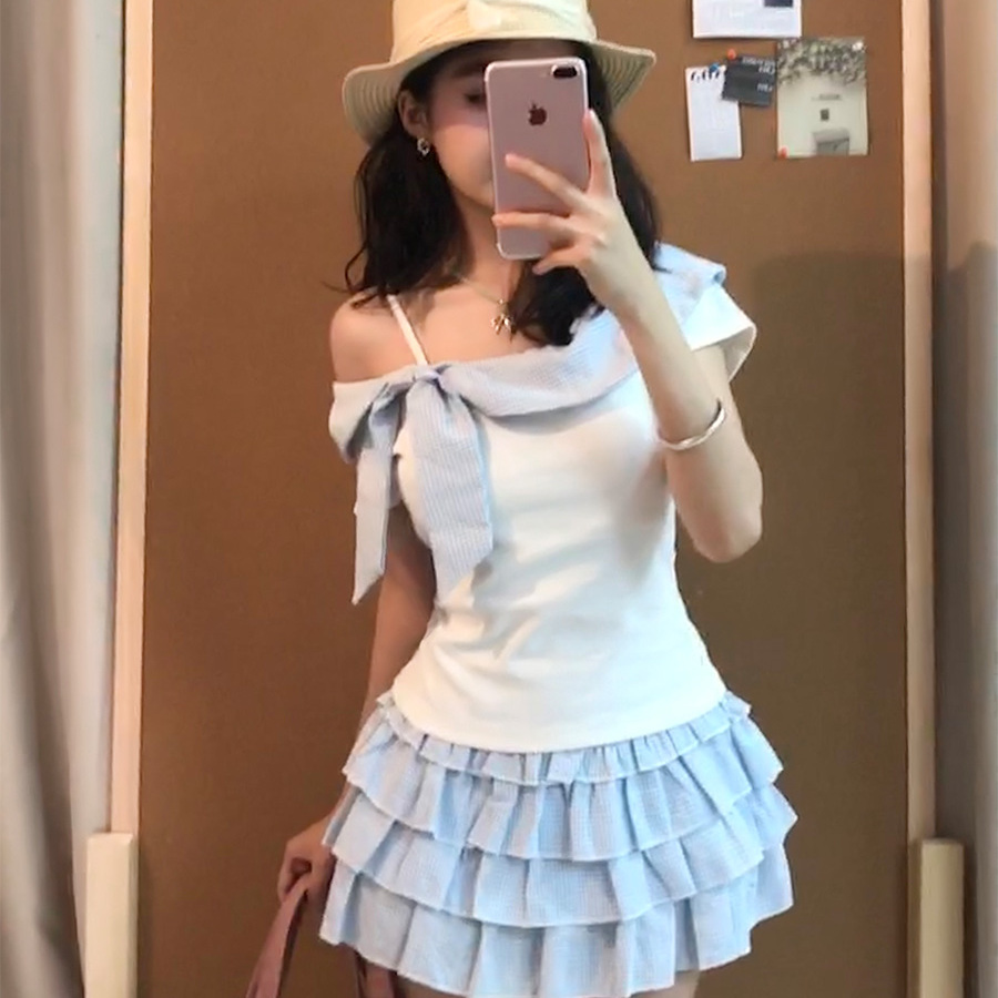 日系甜美可爱纯欲拼接荷叶边漏肩短袖上衣蛋糕短裙两件套装女夏季