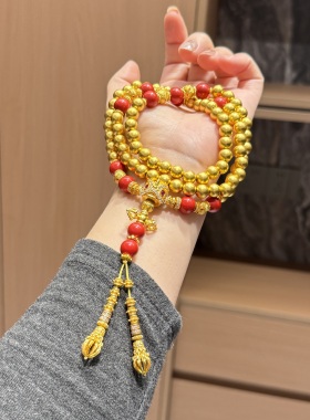 盛尊金包银项串女古法圆珠南红混搭黄金项链轻奢精致万能链送礼物