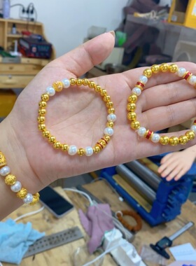 珍珠古法圆珠金包银手串可diy