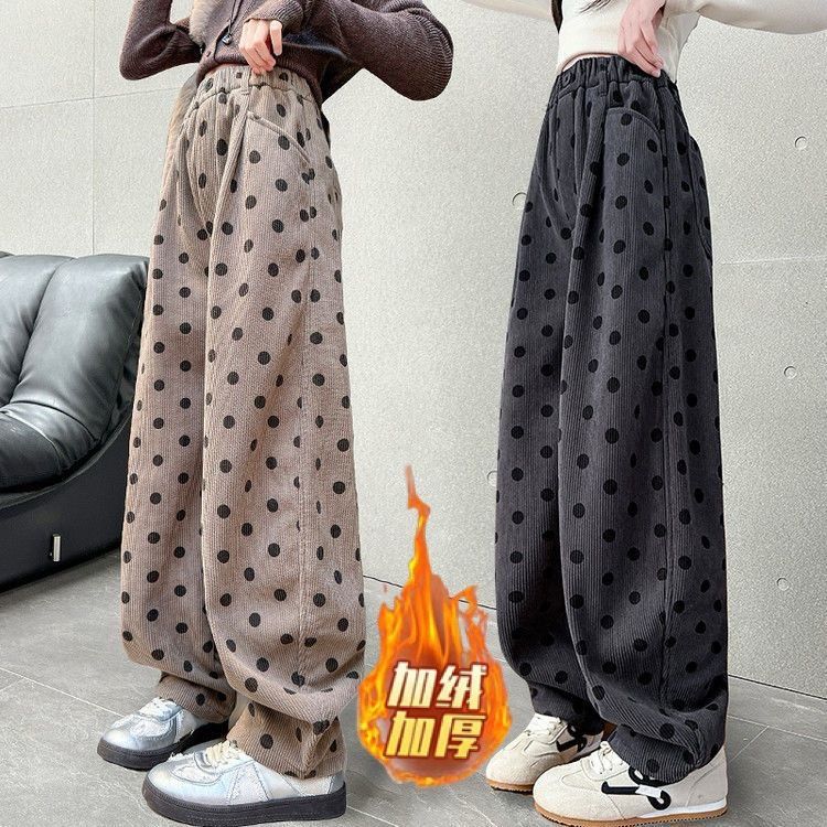 女童秋冬季加绒裤子2026新款儿童一体绒加厚宽松波点灯芯绒弯刀裤