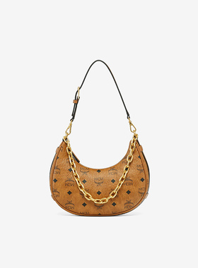 MCMAren Visetos 老花满印链条月牙包干邑色 MWHFATA02CO001