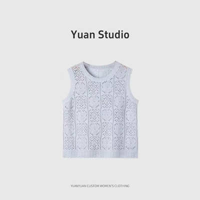 【YUAN】春季钩花镂空休闲桑蚕丝针织圆领无袖背心上衣女 PX-2222