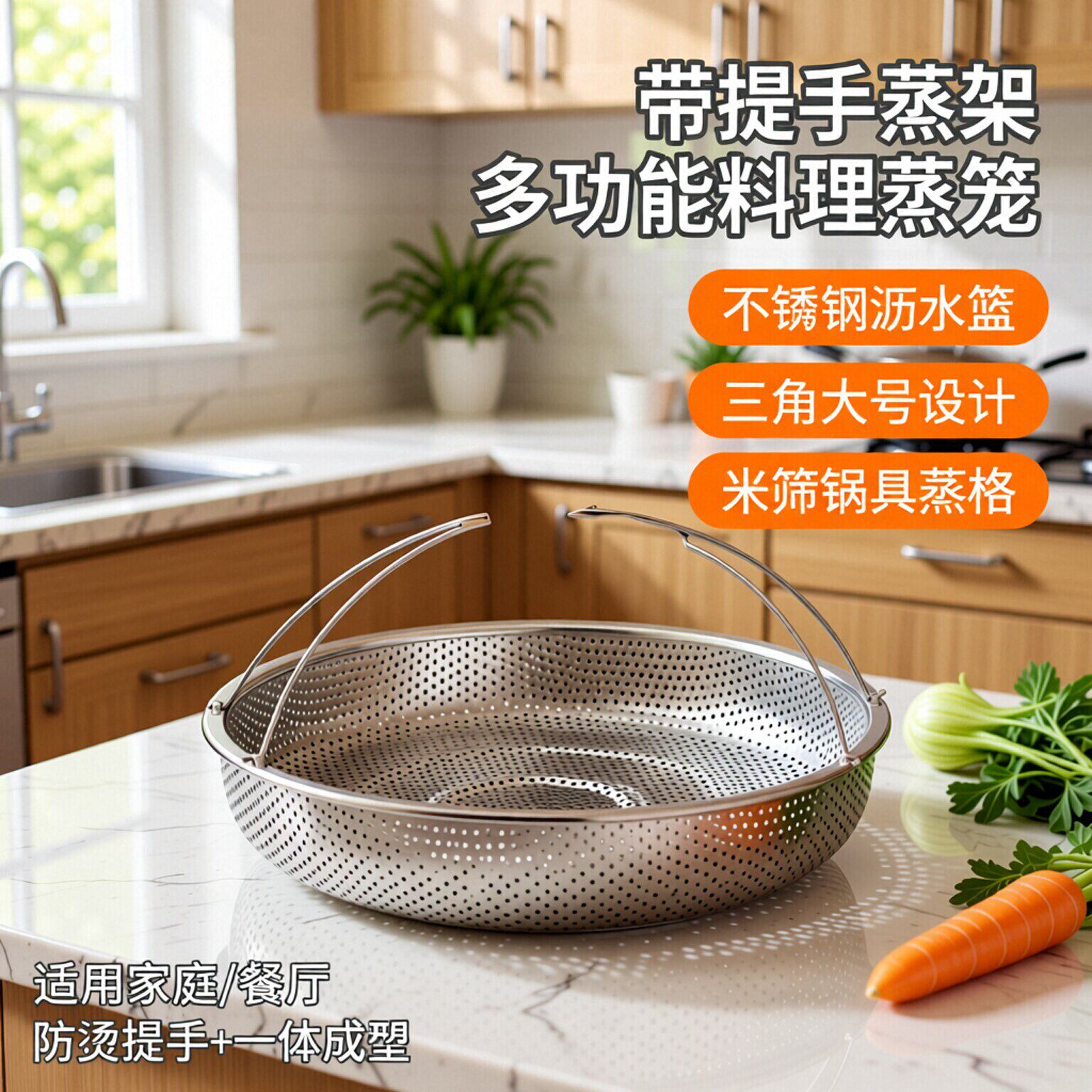 带提手蒸架多功能料理蒸笼不锈钢沥水篮米筛锅具蒸格厨房三角大号