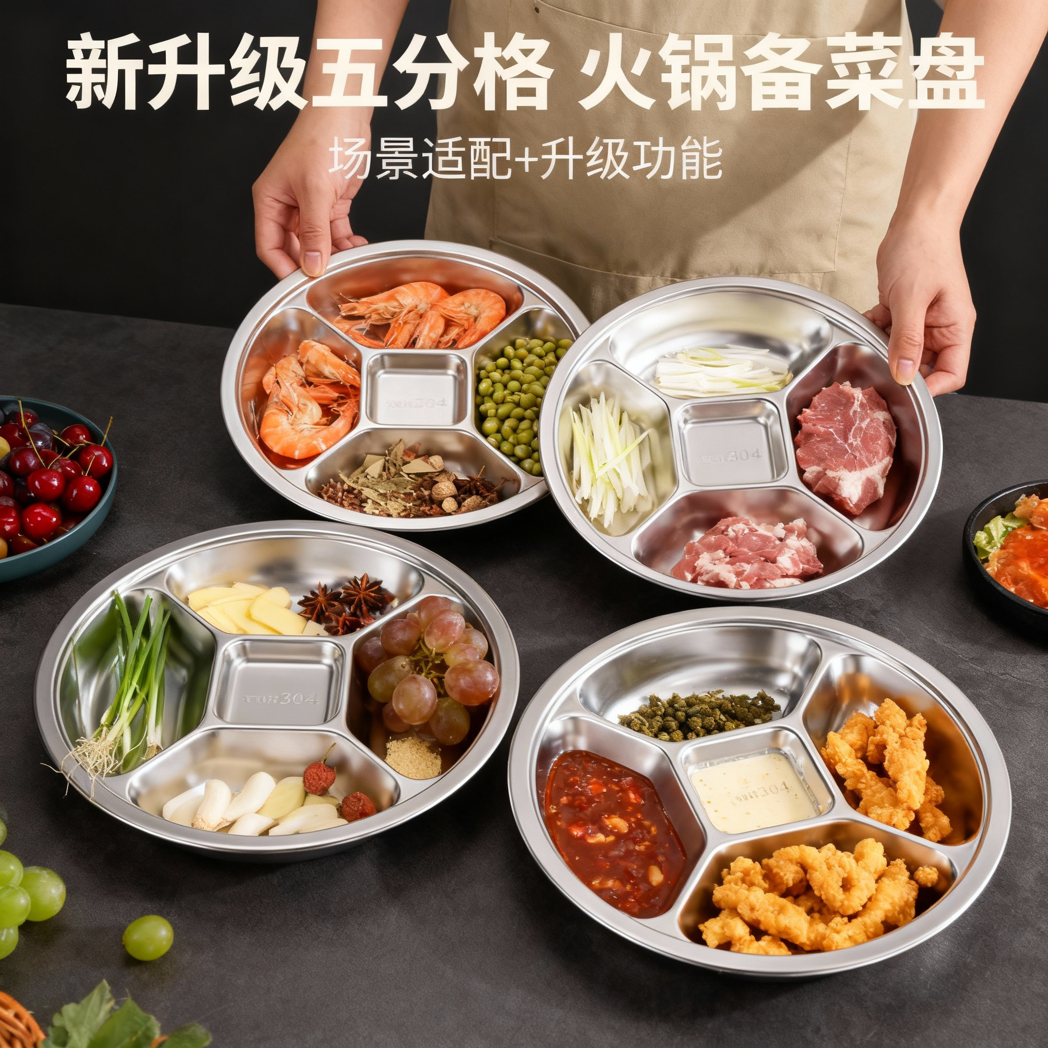 食品级不锈钢备菜盘多功能五分格配菜盘厨房收纳葱姜蒜小料调料盘,厨房/烹饪用具,配菜/备菜盘,淘宝优惠券,粉丝福利购,淘宝优惠卷