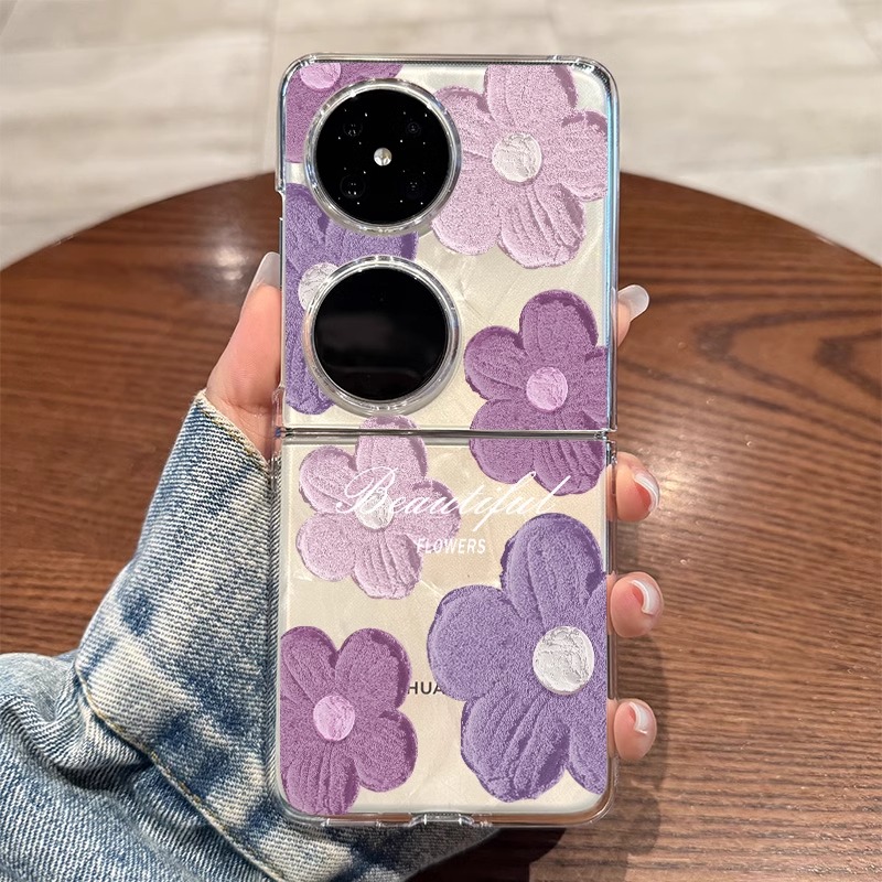 适用华为pocket2手机壳紫色花朵p50pocket新款折叠保护套pockets透明高级感外壳女款超薄全包防摔可爱卡通