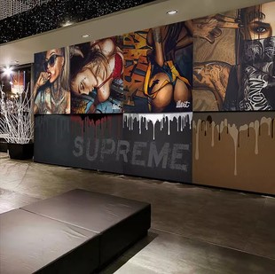 潮牌时尚人物壁布背景墙纸酒吧墙布装饰卧室潮时尚服装店纹身壁纸