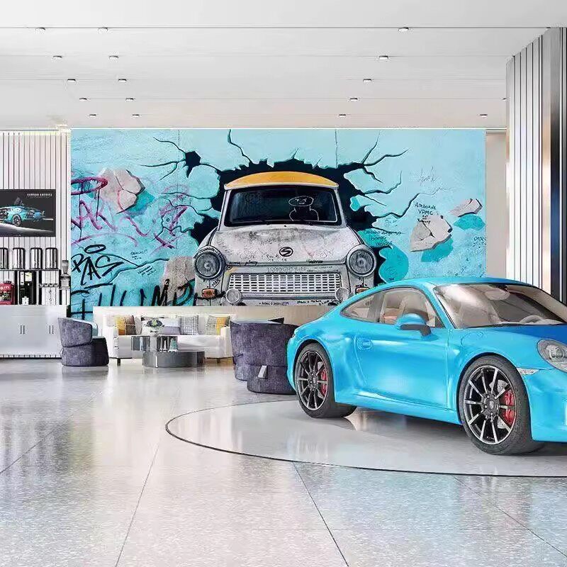 汽车涂鸦破墙修理厂墙纸厂汽修维修汽美保养洗车场美容店背景墙布
